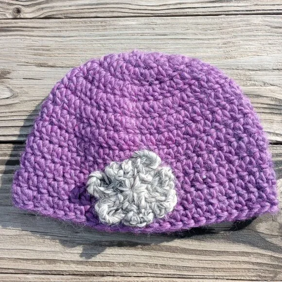 Womens Beanie Cloche Handmade Purple Crochet Hat Gray Brown Flower Pure New Wool - Picture 8 of 11
